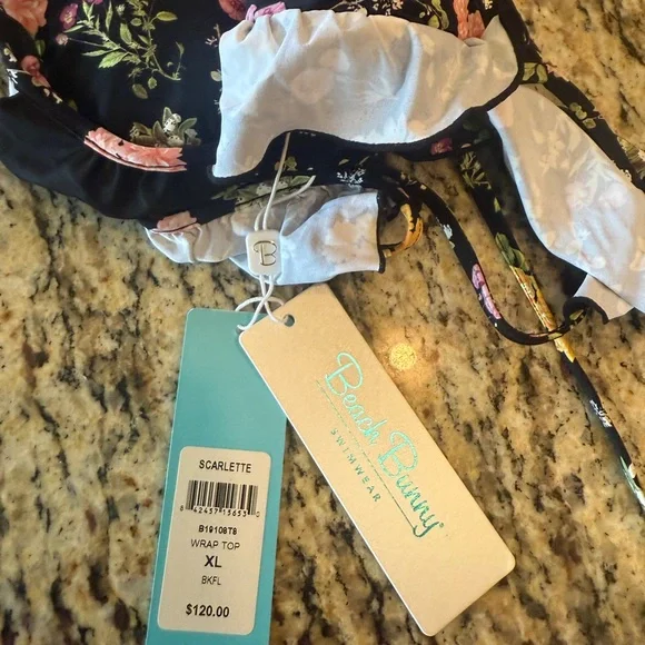 Top & Bottom Beach Bunny Black Floral Wrap Top/ Bikini Bottom - Both are size XL - Picture 2 of 5